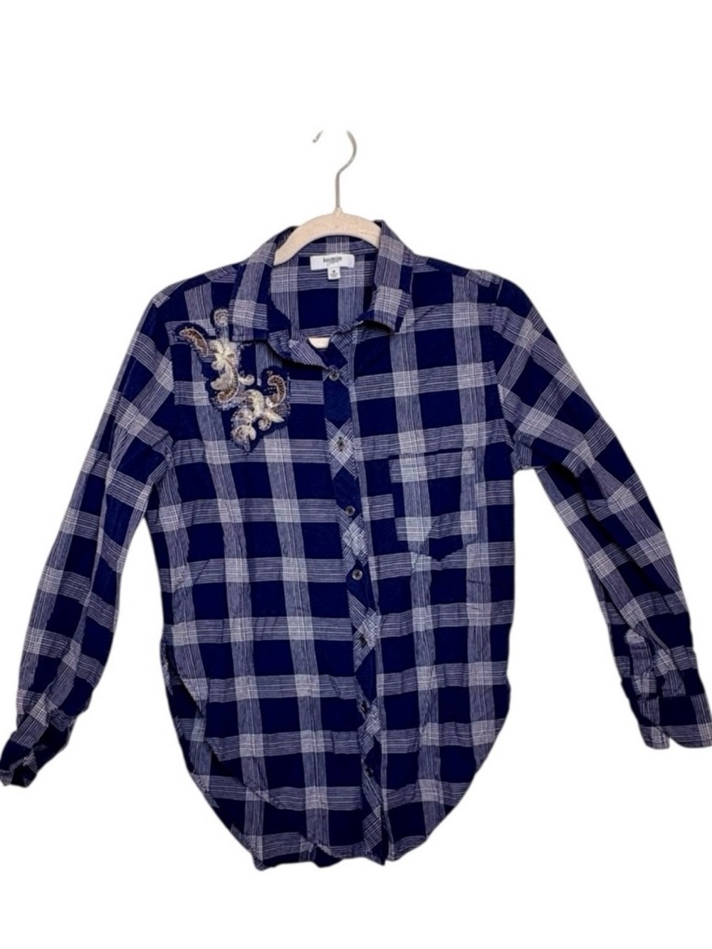 Kensie Navy White Plaid Floral Embroidered Button-Down Boho Western Shirt Small